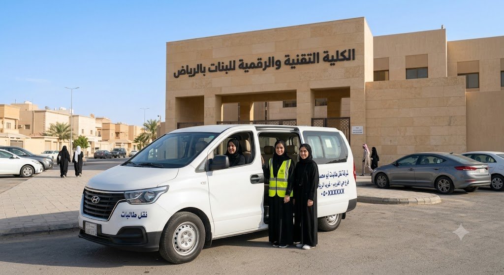 قصة واقعية لطالبة في حي الغروب انتقلت من الكلية التقنية الرقمية بالرياض إلى الكلية التقنية بالقويعية واستمرت مع شركة نقل طالبات أبو محمد. أمان، التزام وركوب مريح.