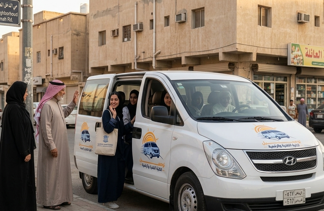 سيارة هيونداي H1 تابعة لشركة أبو محمد لخدمة نقل طالبات الكلية التقنية والرقمية بالرياض من حي الدخل المحدود